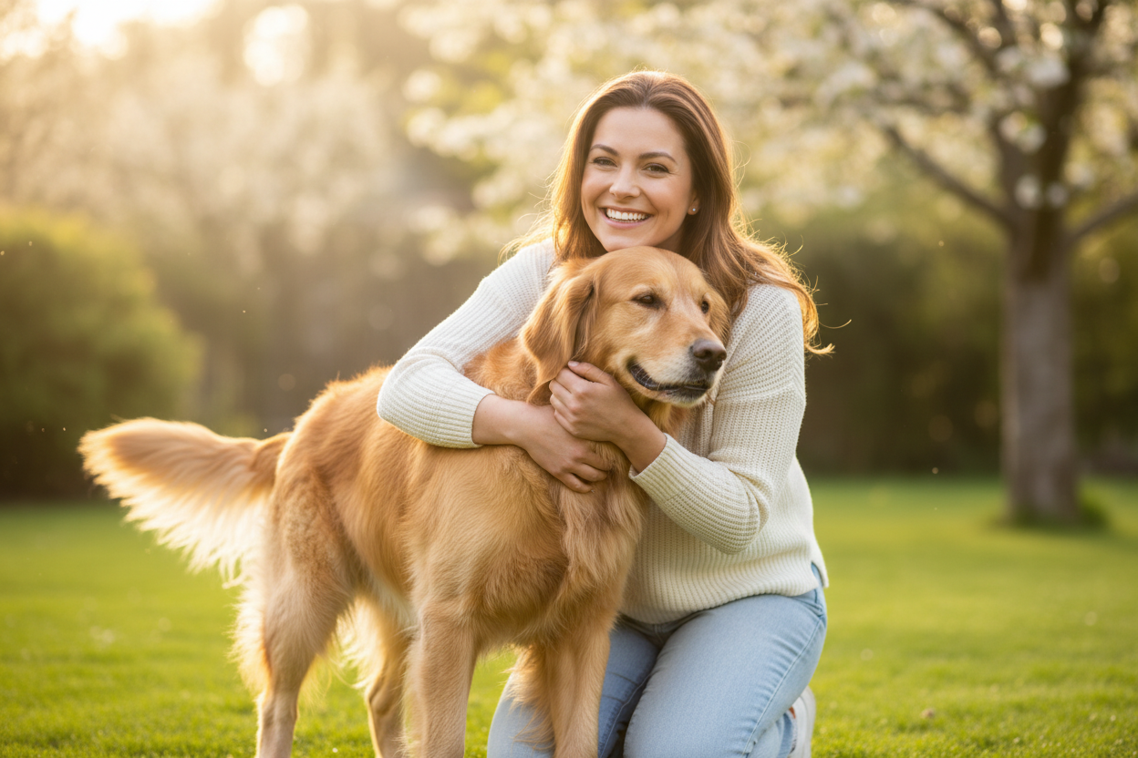 a lady smiling with her dog 