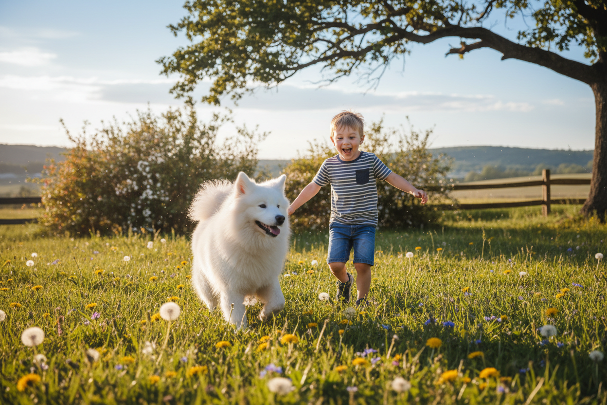 a small boy playing with is white dog 